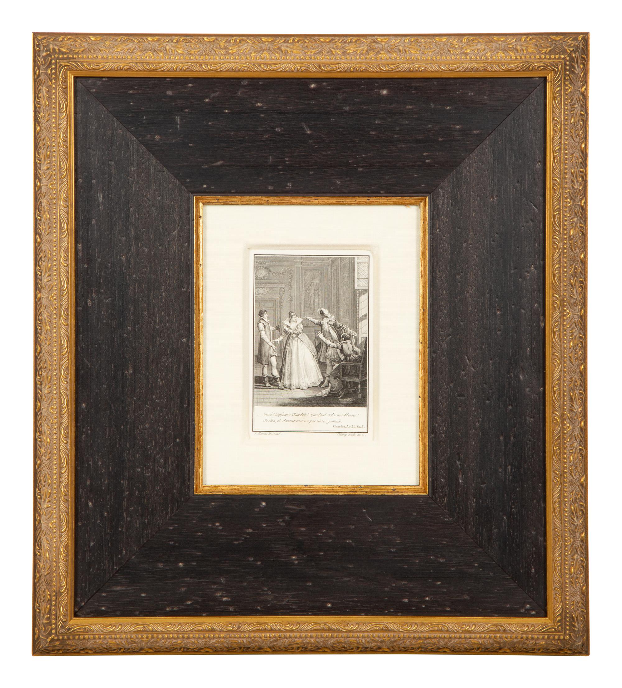 A Set of Four French Engravings of Courting Aristocrats in Ebonized and Giltwood Frames