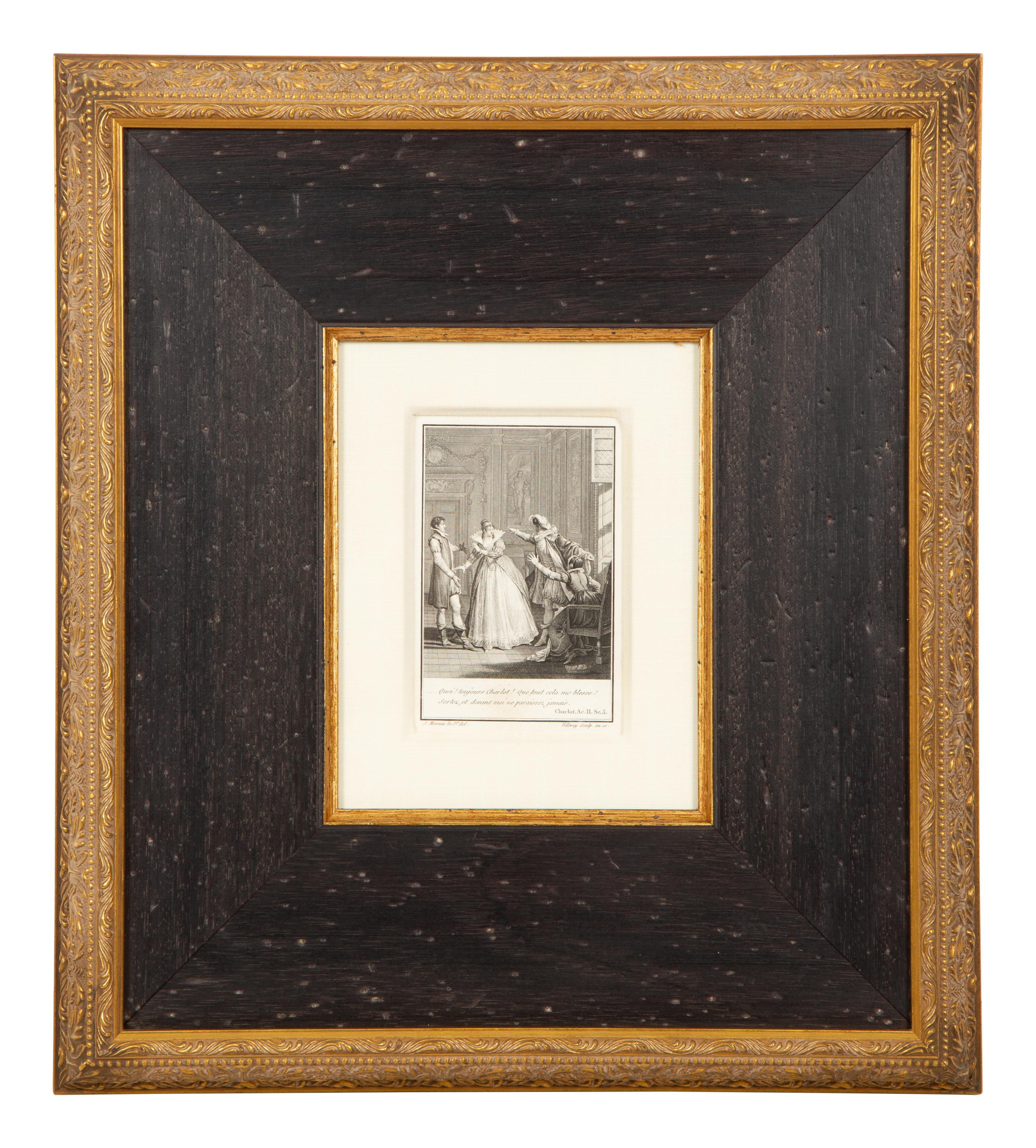 A Set of Four French Engravings of Courting Aristocrats in Ebonized and Giltwood Frames