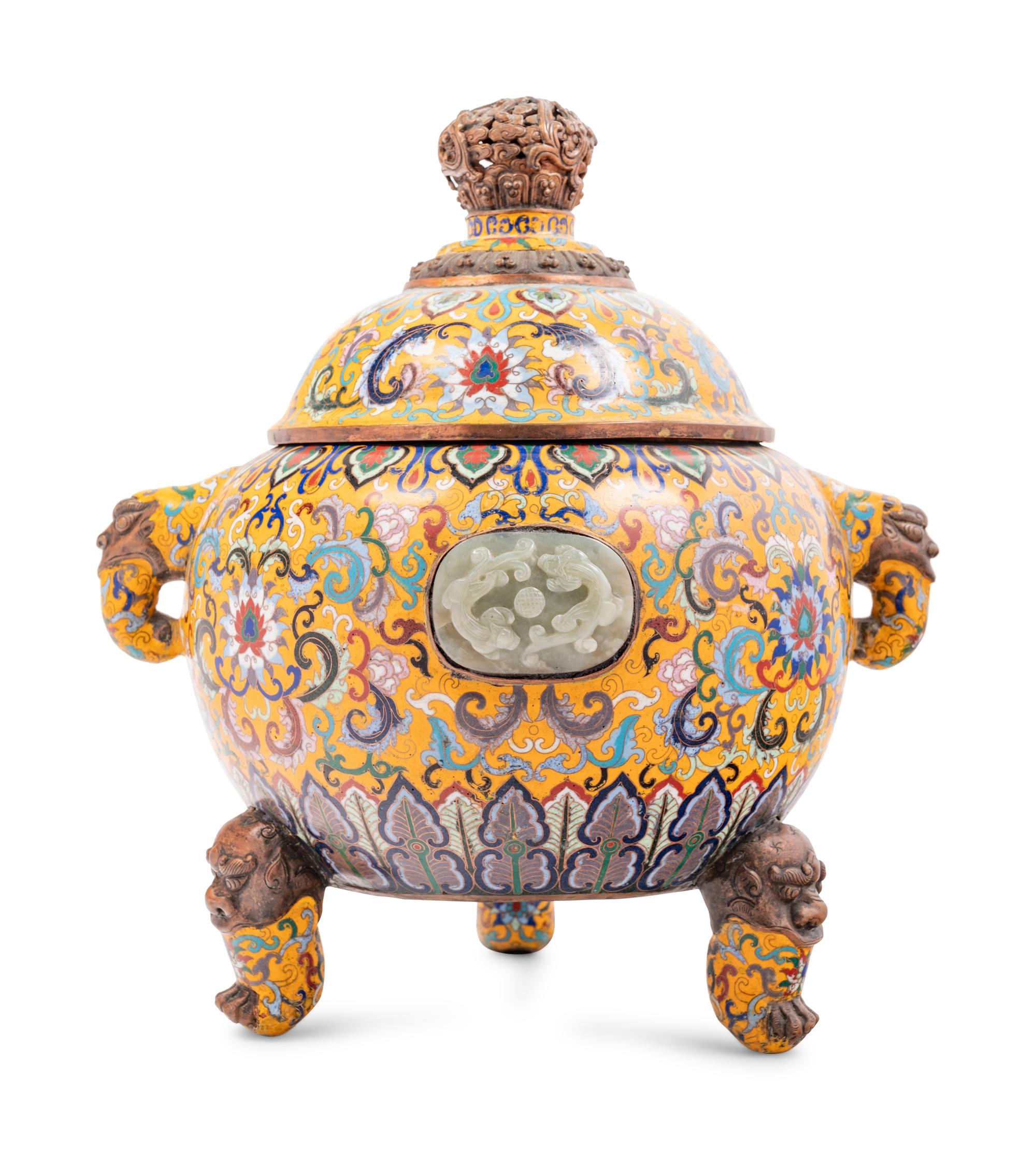 Three Chinese Yellow Ground Cloisonné Enameled Vessels