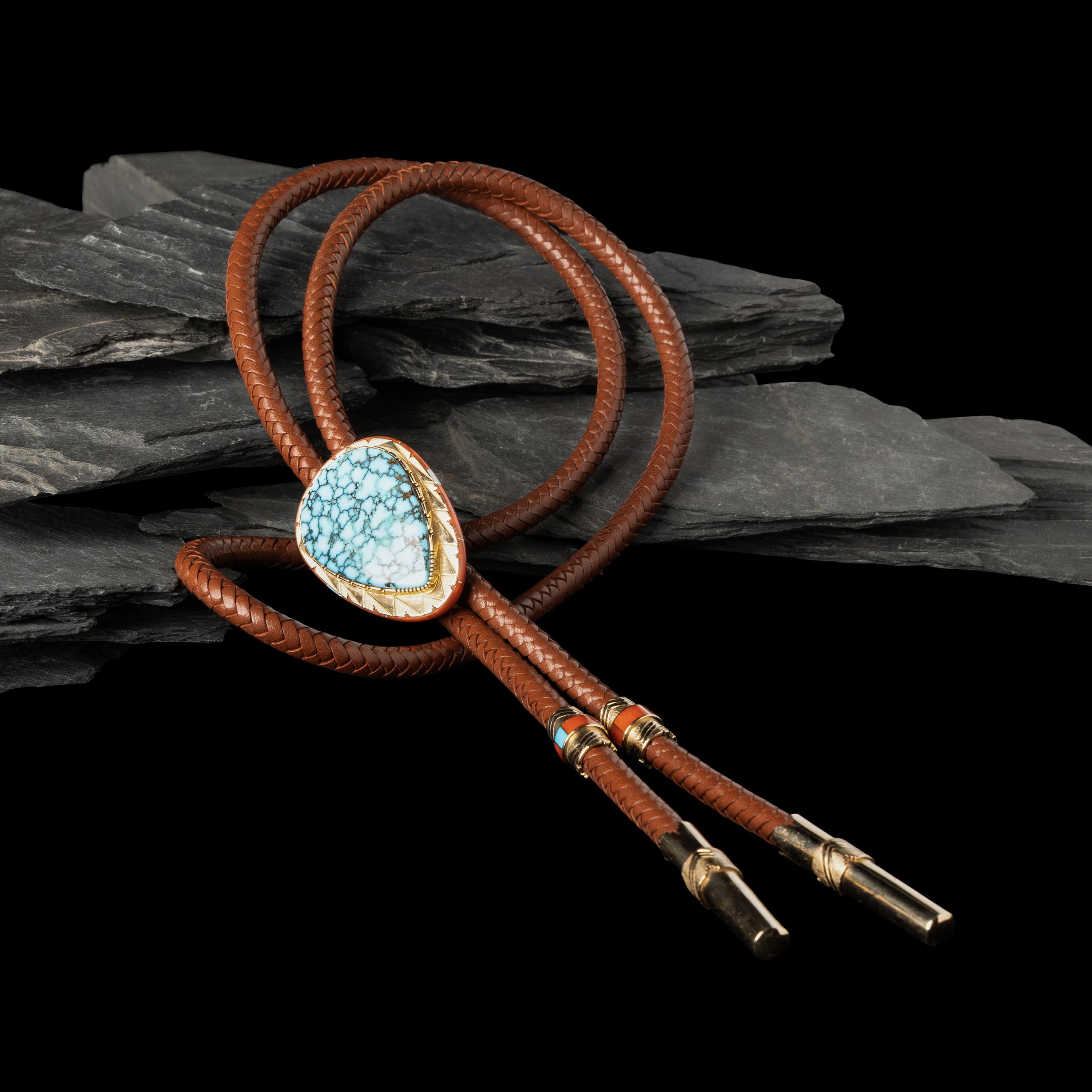 Leo Lando Yazzie (Diné, act. since 1970s) — 14k Gold, Nevada Blue Turquoise, Coral, and Opal Bolo Tie