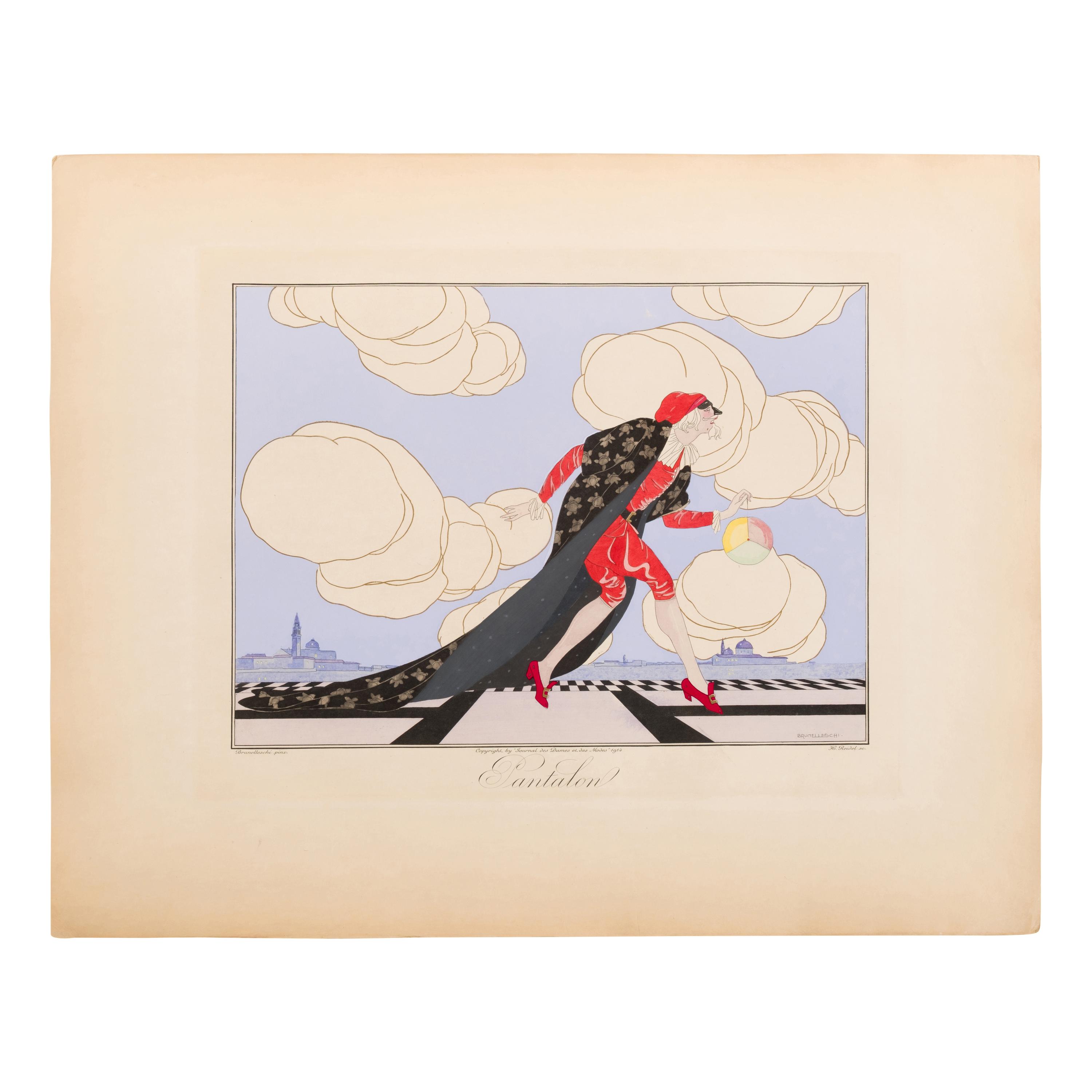 Brunelleschi, Umberto (1879-1949), illustrator. -- Régnier, Marie de ("Gerard de Houville") (1875-1963). Les Masques et les Personnages de la Comedie Italienne . Paris: Aux Bureaux du Journal des Dames et des Modes, 1914.