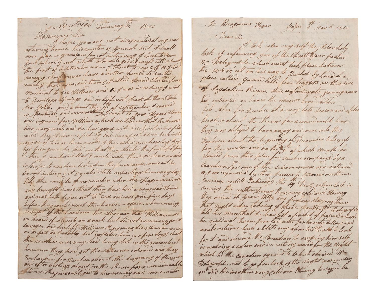 DALRYMPLE, Ezekiel. ALS describing the death of his brother William. Montreal, 24 February 1812.