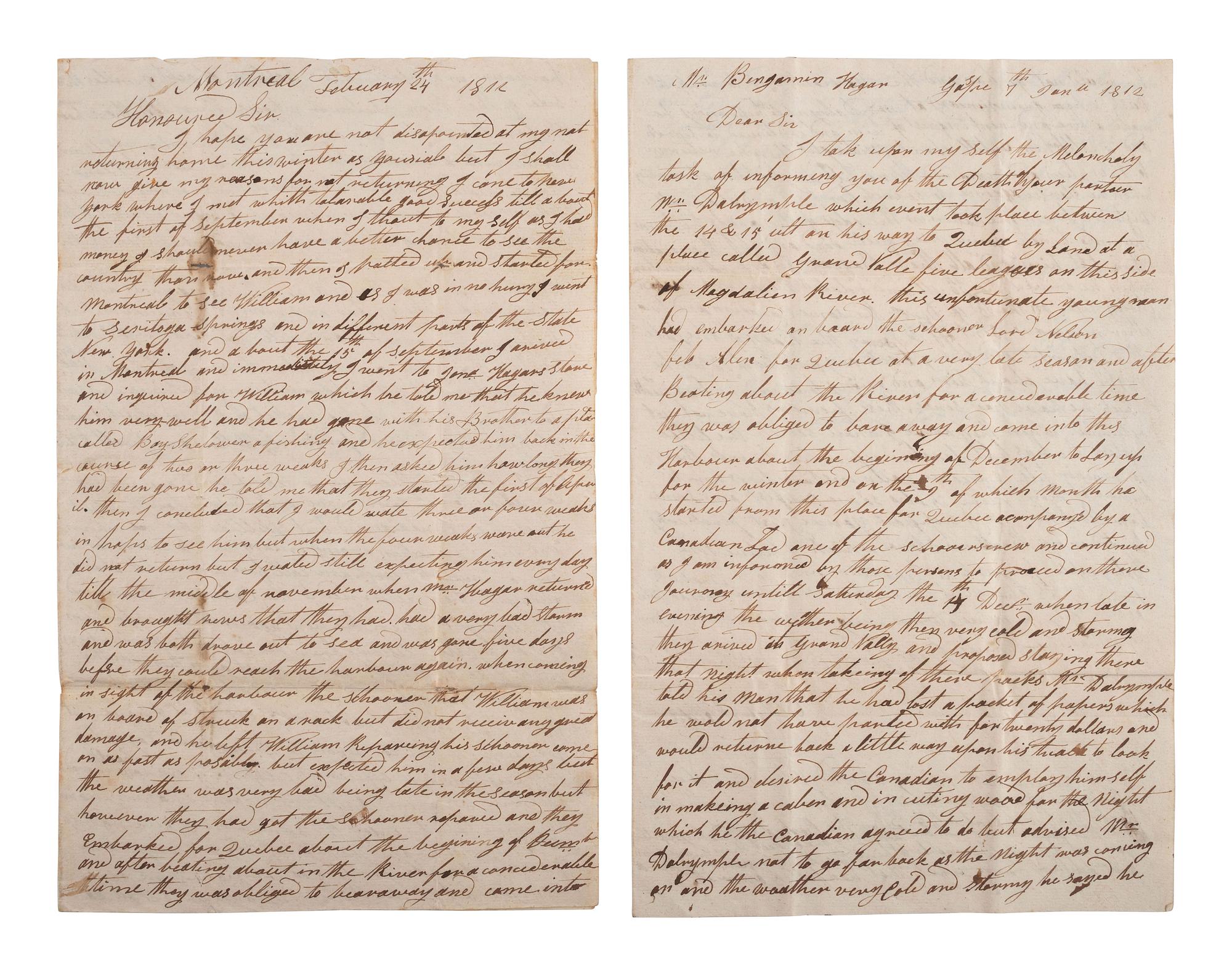 DALRYMPLE, Ezekiel. ALS describing the death of his brother William. Montreal, 24 February 1812.