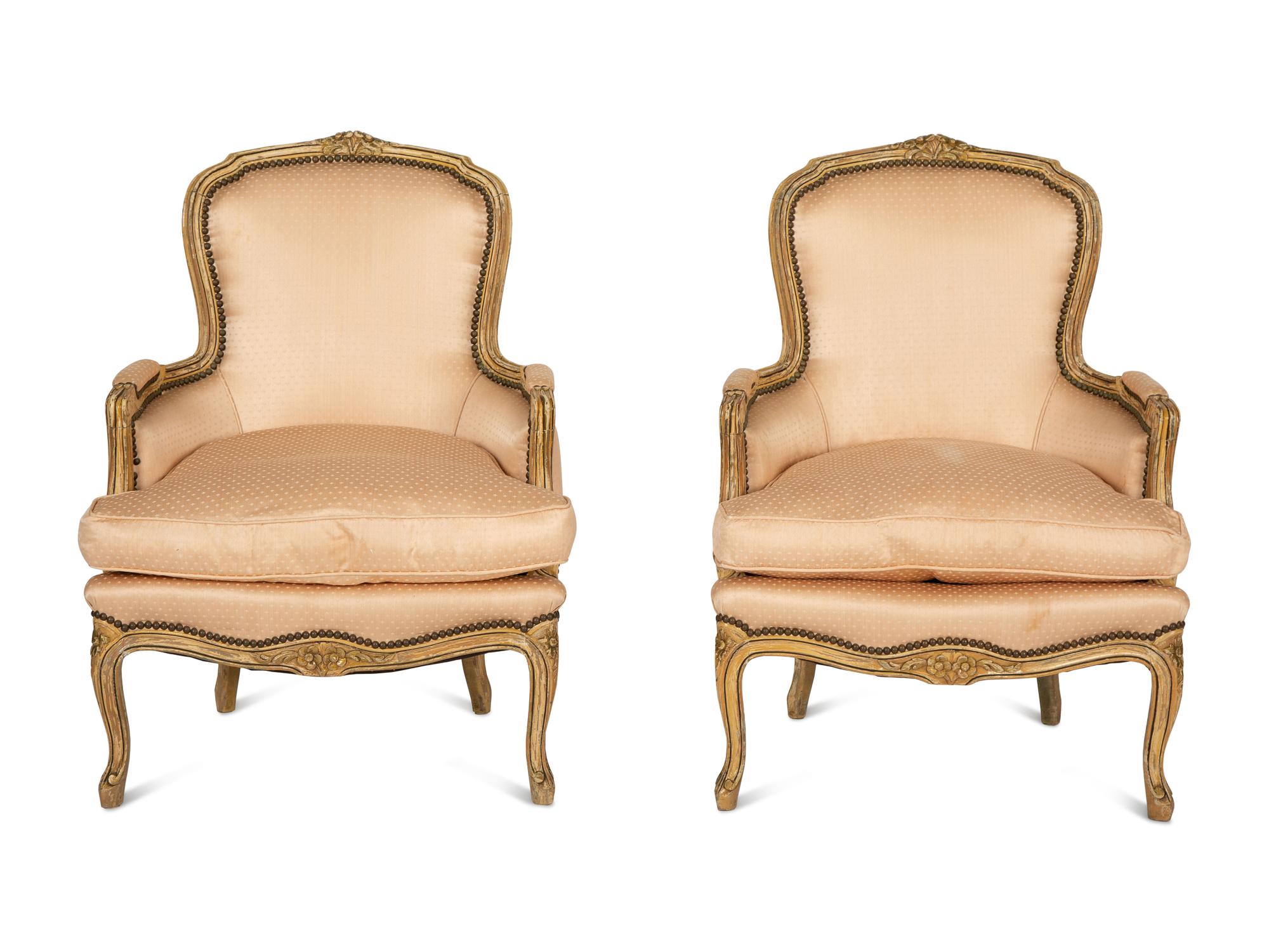 A Pair of Louis XV Style Carved and Painted Bergères — 19th/20th Century
