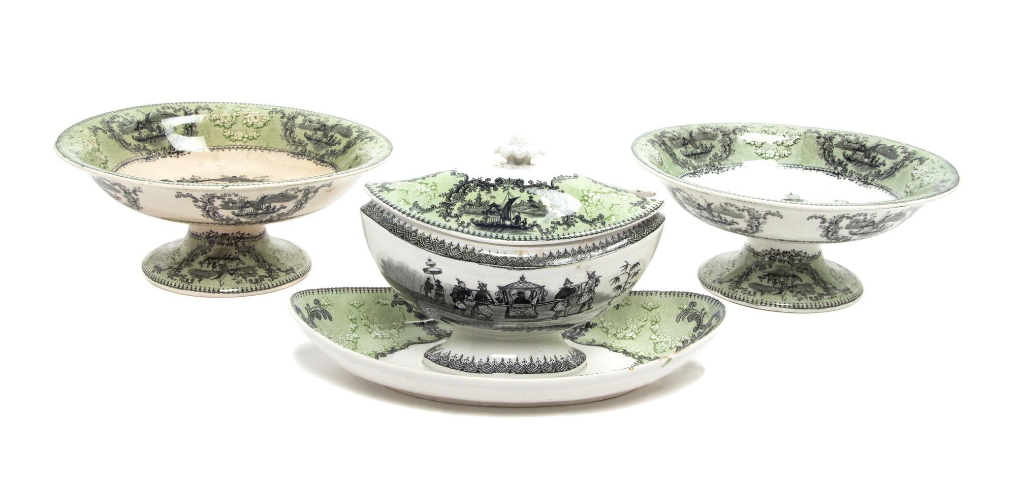 Three French Creil Transferware Pottery Articles Diameter of compote 8 1/4 inches. — 19TH CENTURY