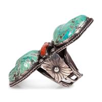 Large Navajo Silver Cuff Bracelet, with Turquoise Nuggets and Branch of Coral
