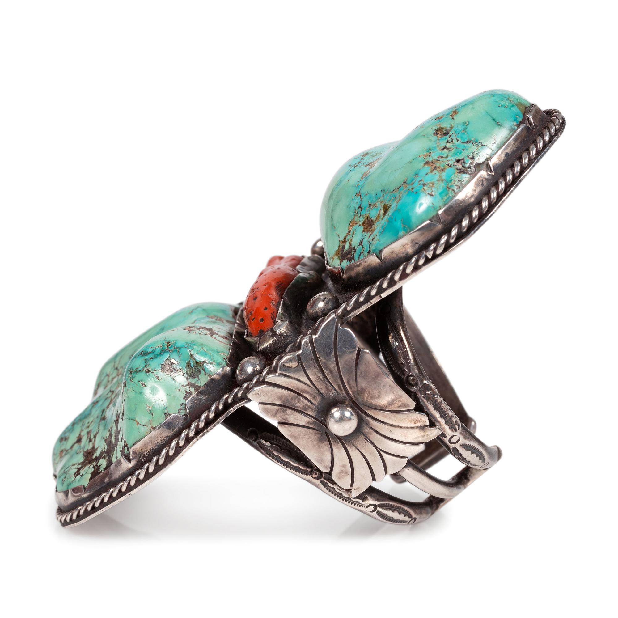 Large Navajo Silver Cuff Bracelet, with Turquoise Nuggets and Branch of Coral