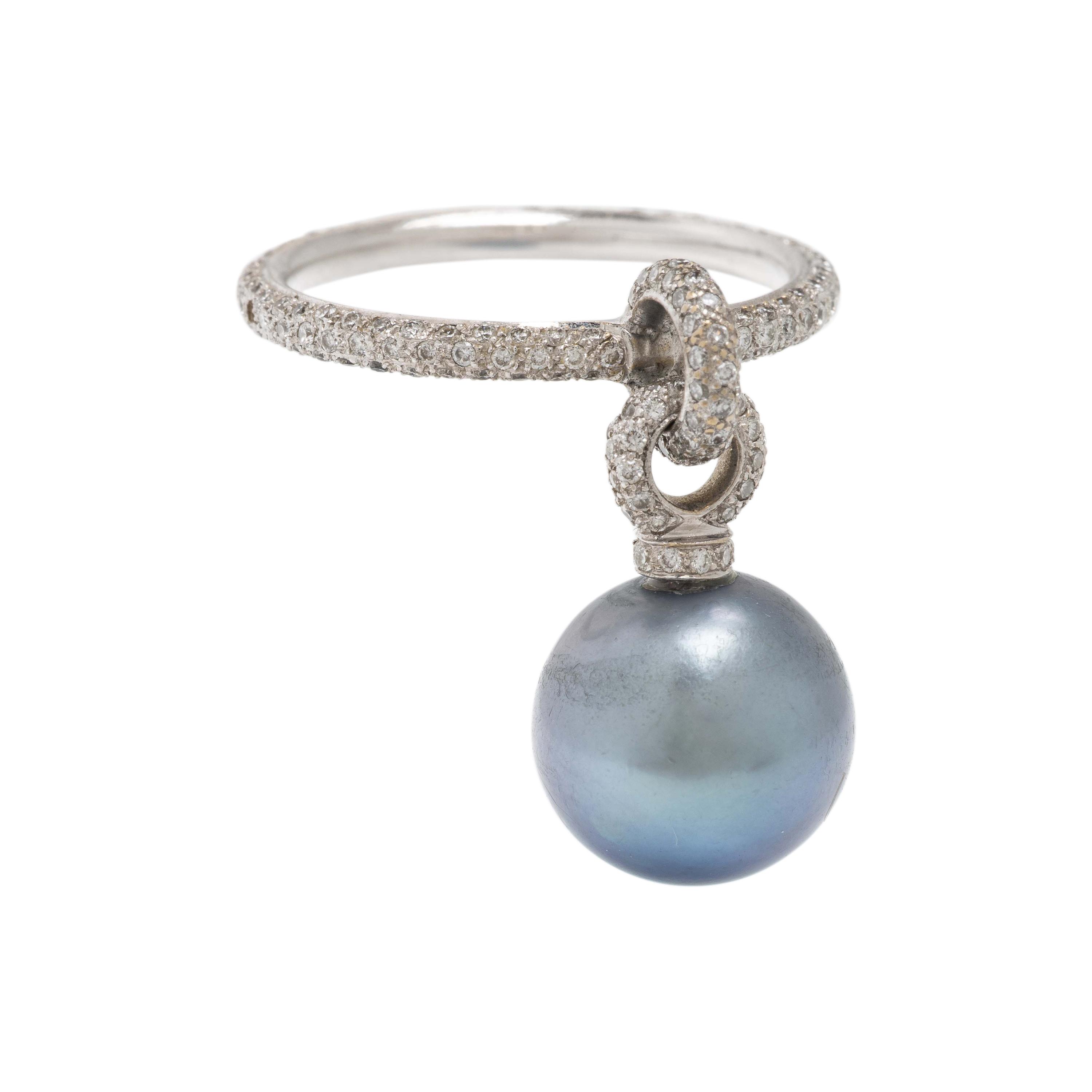 Diamond, White Gold, and Cultured Pearl Charm Ring