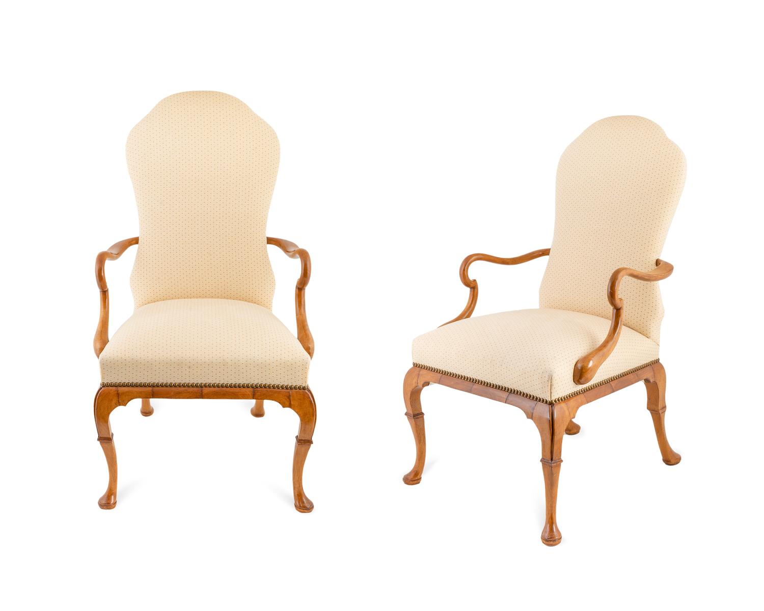 A Pair of Queen Anne Style Upholstered Walnut Armchairs — 20TH CENTURY