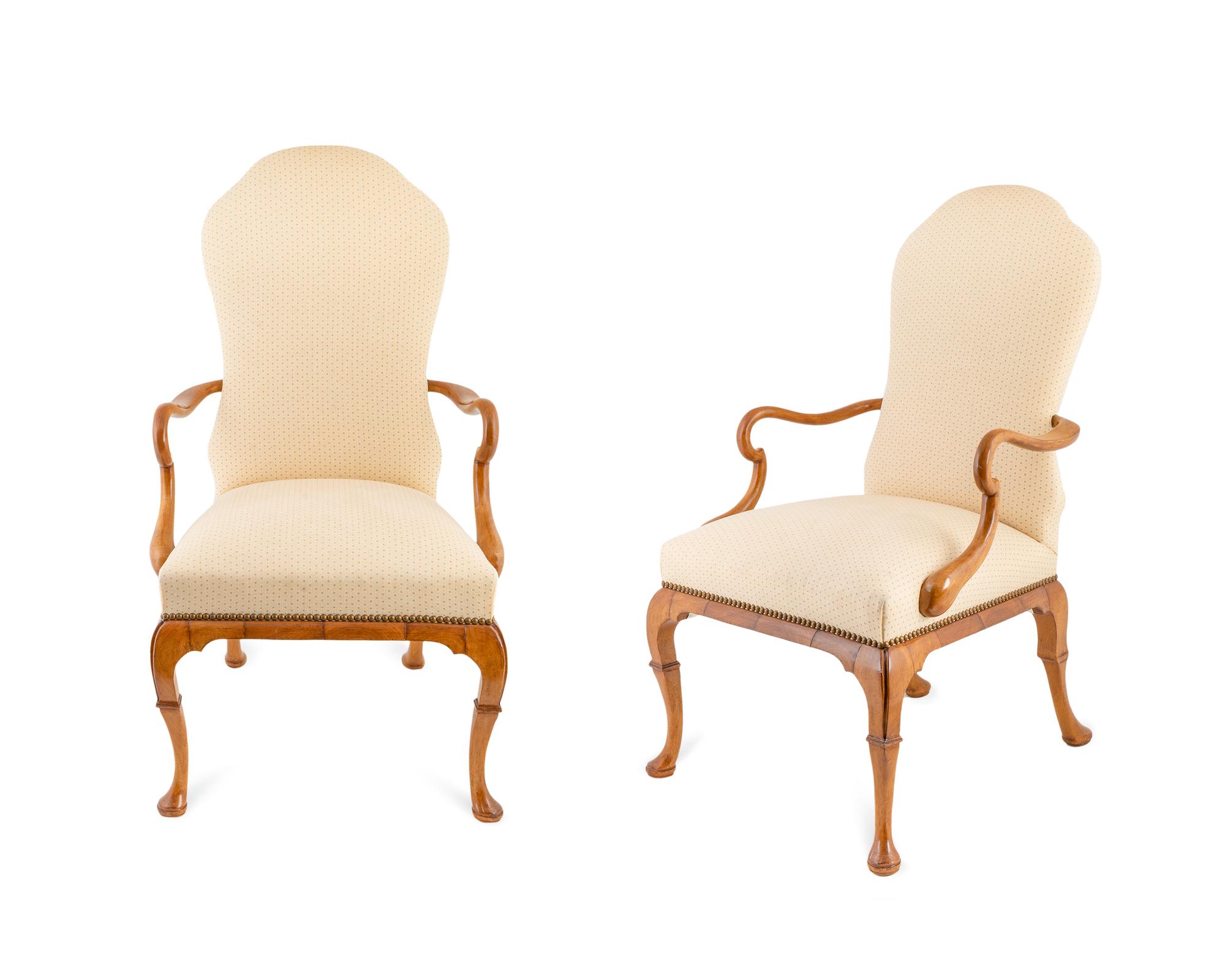 A Pair of Queen Anne Style Upholstered Walnut Armchairs — 20TH CENTURY