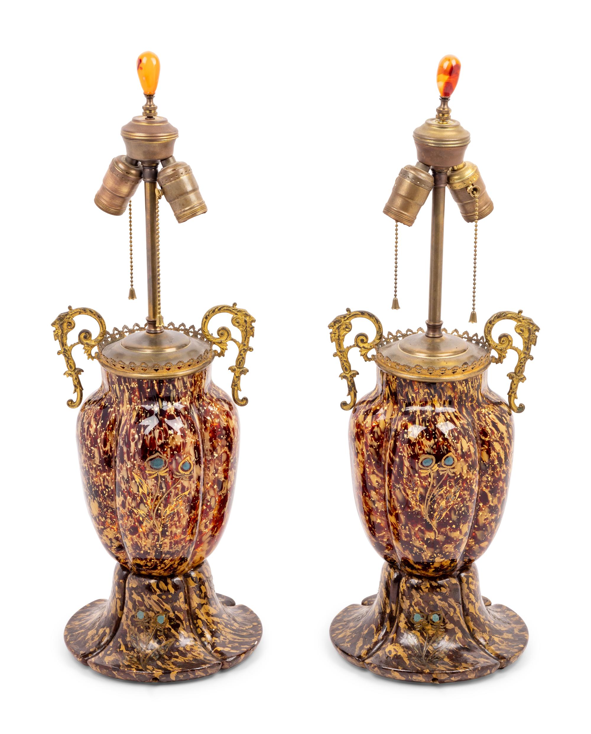 A Pair of Gilt Decorated Glass Vases Mounted as Lamps