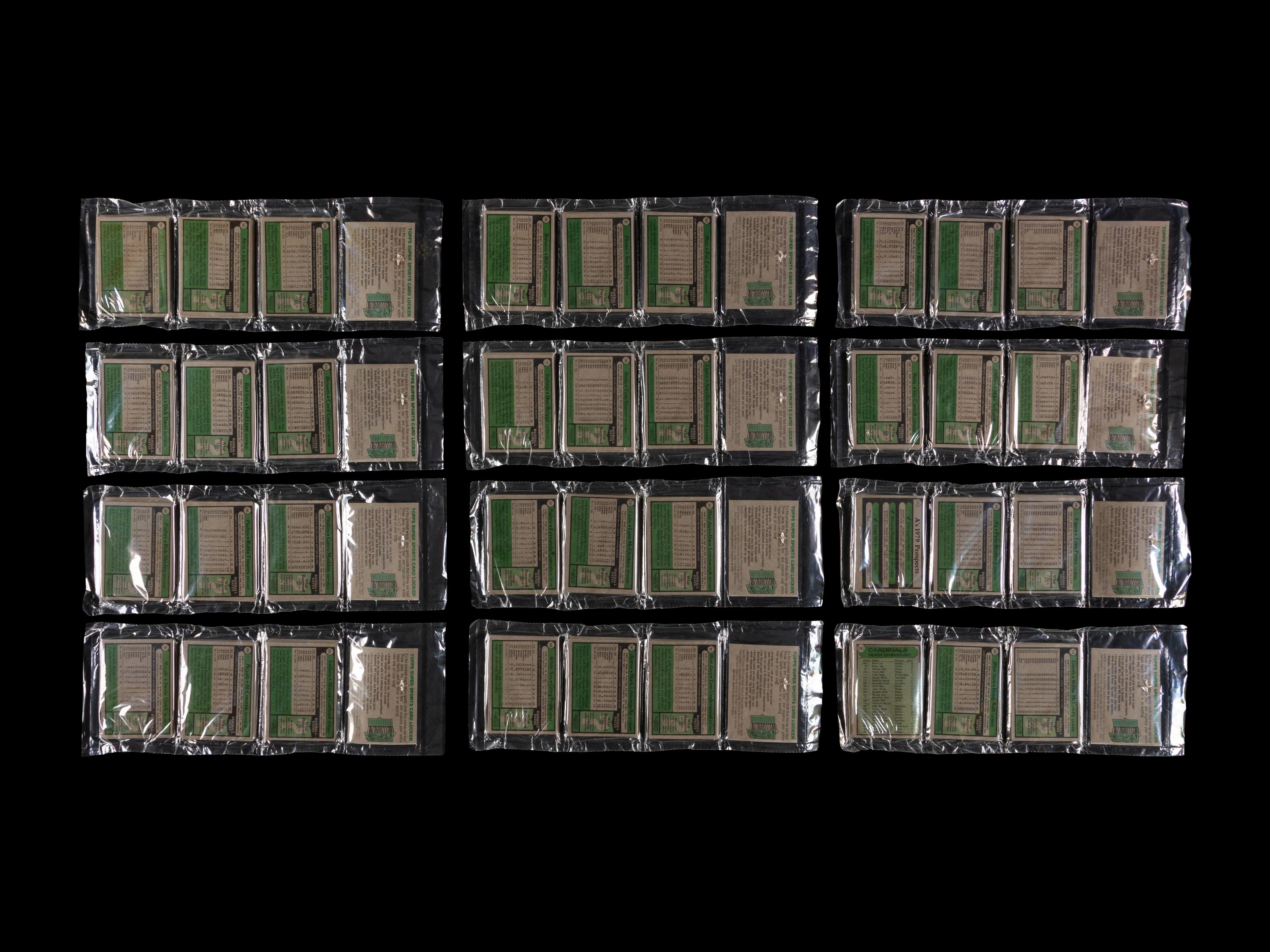 A Box of 24 Unopened 1979 Topps Baseball Card Rack Packs with Multiple Hall of Famers and Notable Visible – Possible Ozzie Smith Rookie Cards