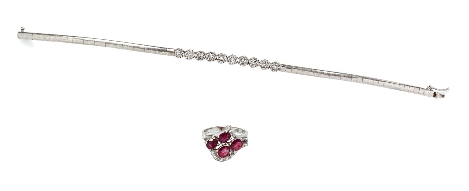 A Collection of White Gold, Diamond and Ruby Jewelry, 9.70 dwts.