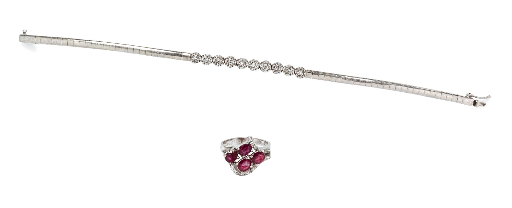 A Collection of White Gold, Diamond and Ruby Jewelry, 9.70 dwts.