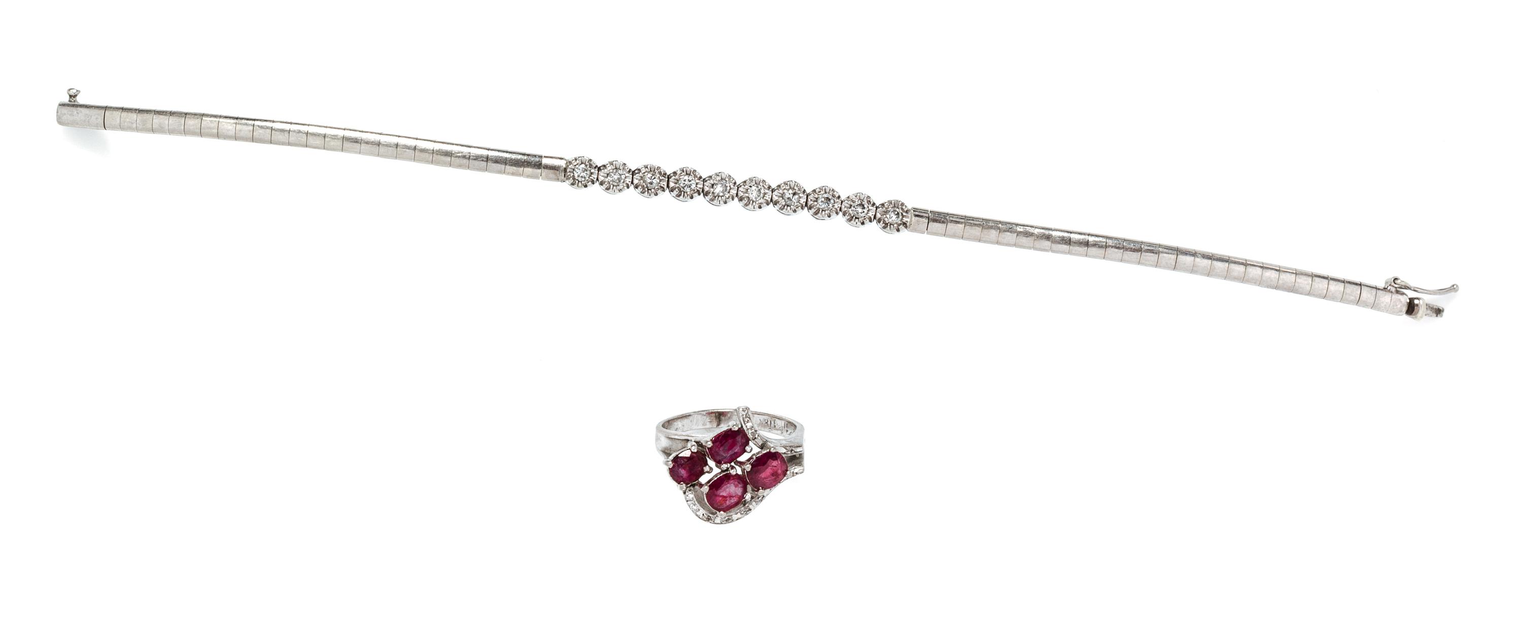 A Collection of White Gold, Diamond and Ruby Jewelry, 9.70 dwts.