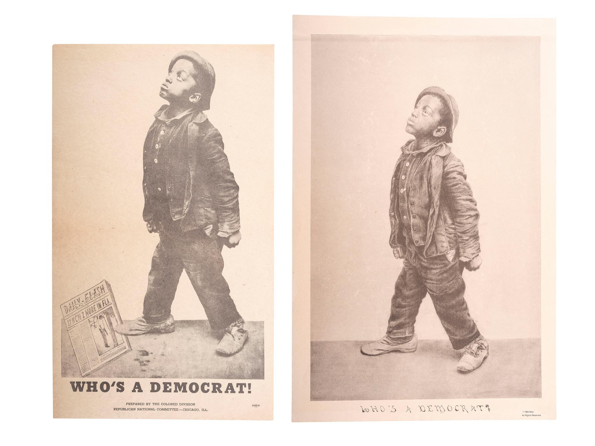 [POLITICS]. A group of 2 broadsides, including Who's a Democrat! Chicago: Colored Division, Republican National Committee, ca 1930s.