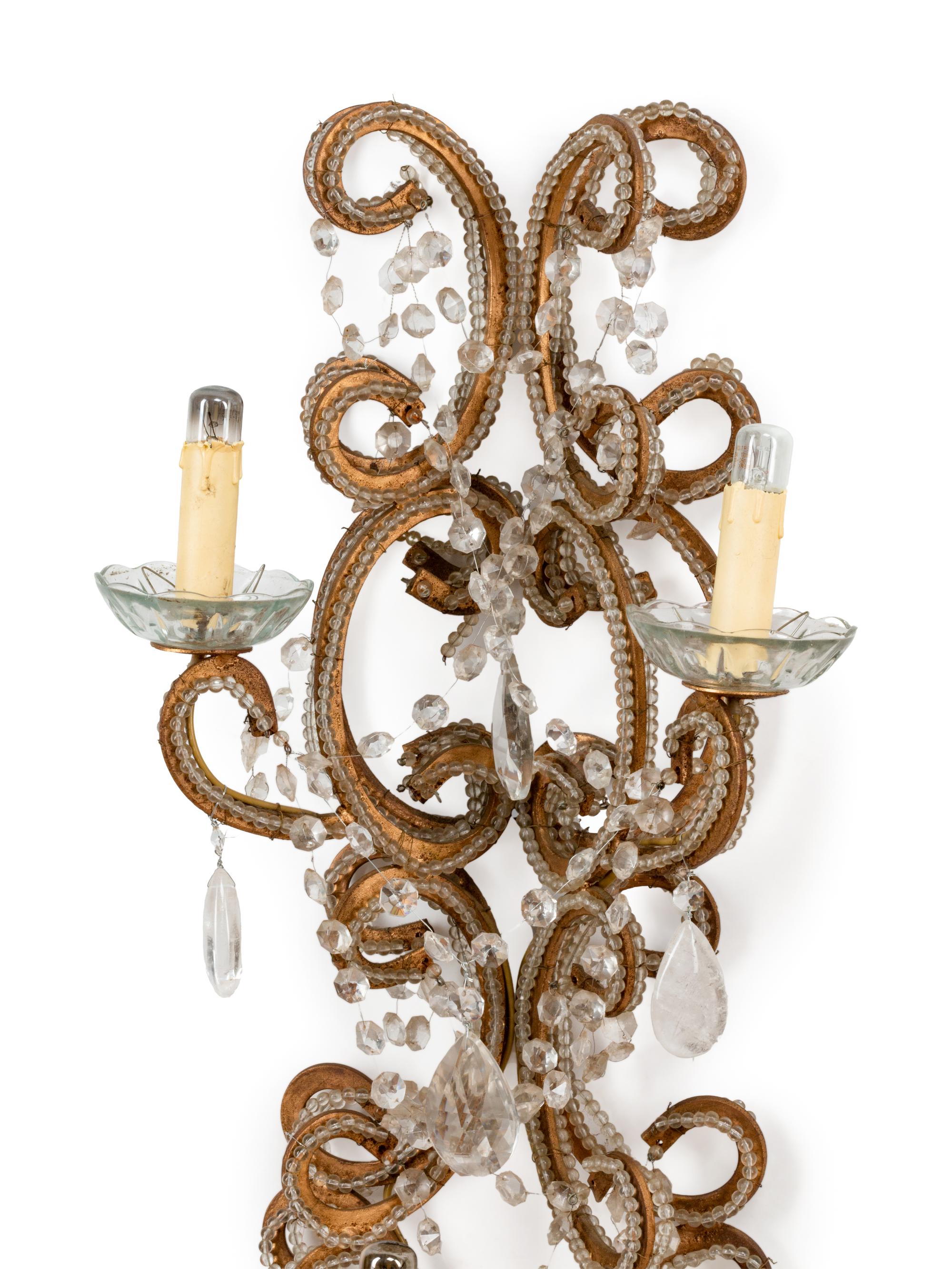 A Set of Four French Beaded Giltwood and Rock Crystal Sconces