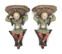 A Pair of Italian Carved and Polychrome Decorated Wood Figural Wall Brackets