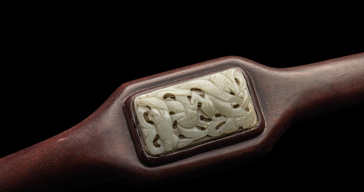 A Chinese Celadon Jade Inset Hardwood Ruyi Scepter