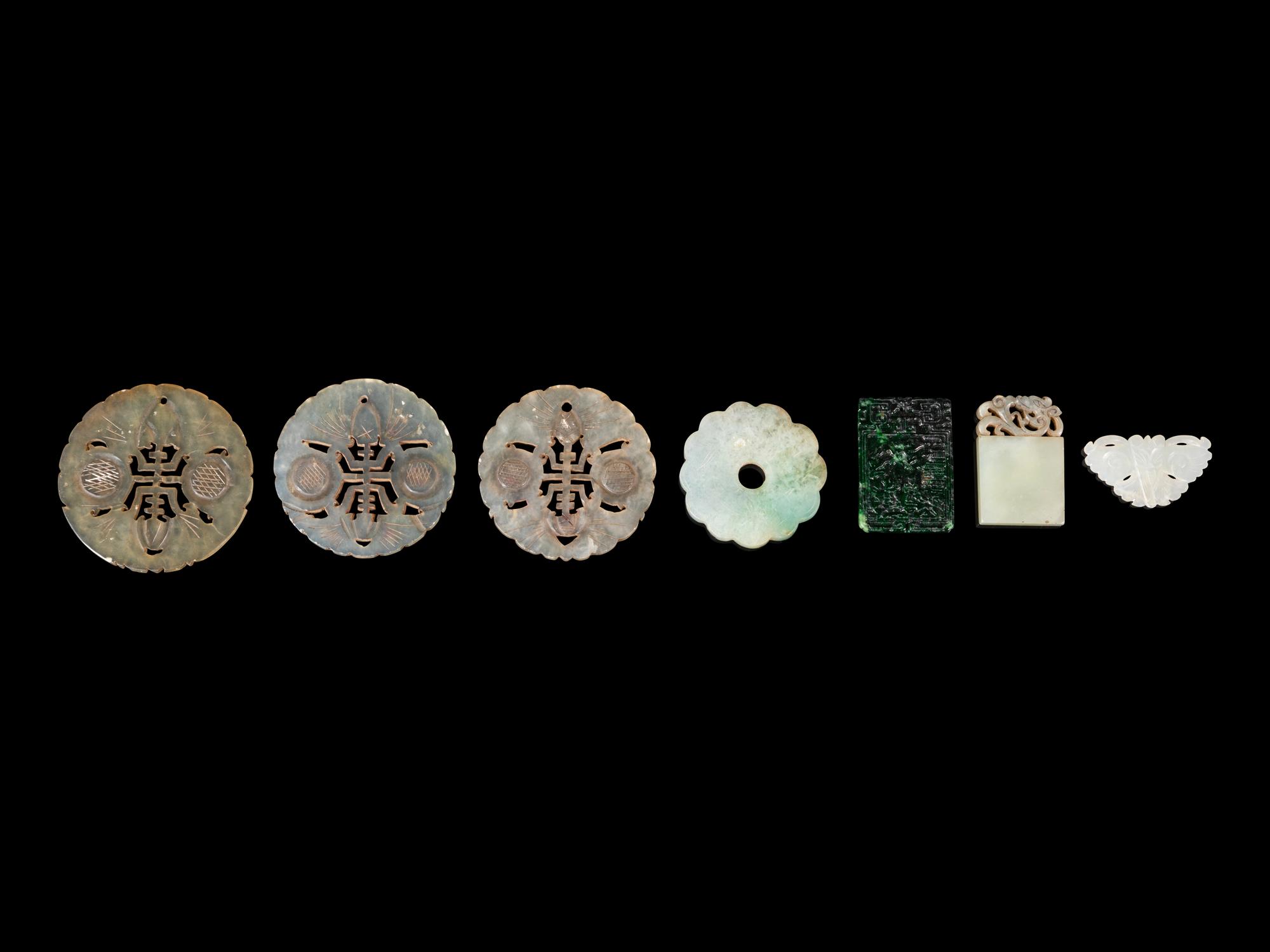 Seven Chinese Jadeite and Serpentine Pendants