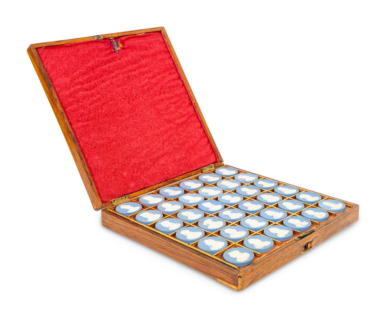 A Cased Set of Wedgwood Jasperware Portrait Medallions, Sovereigns of England