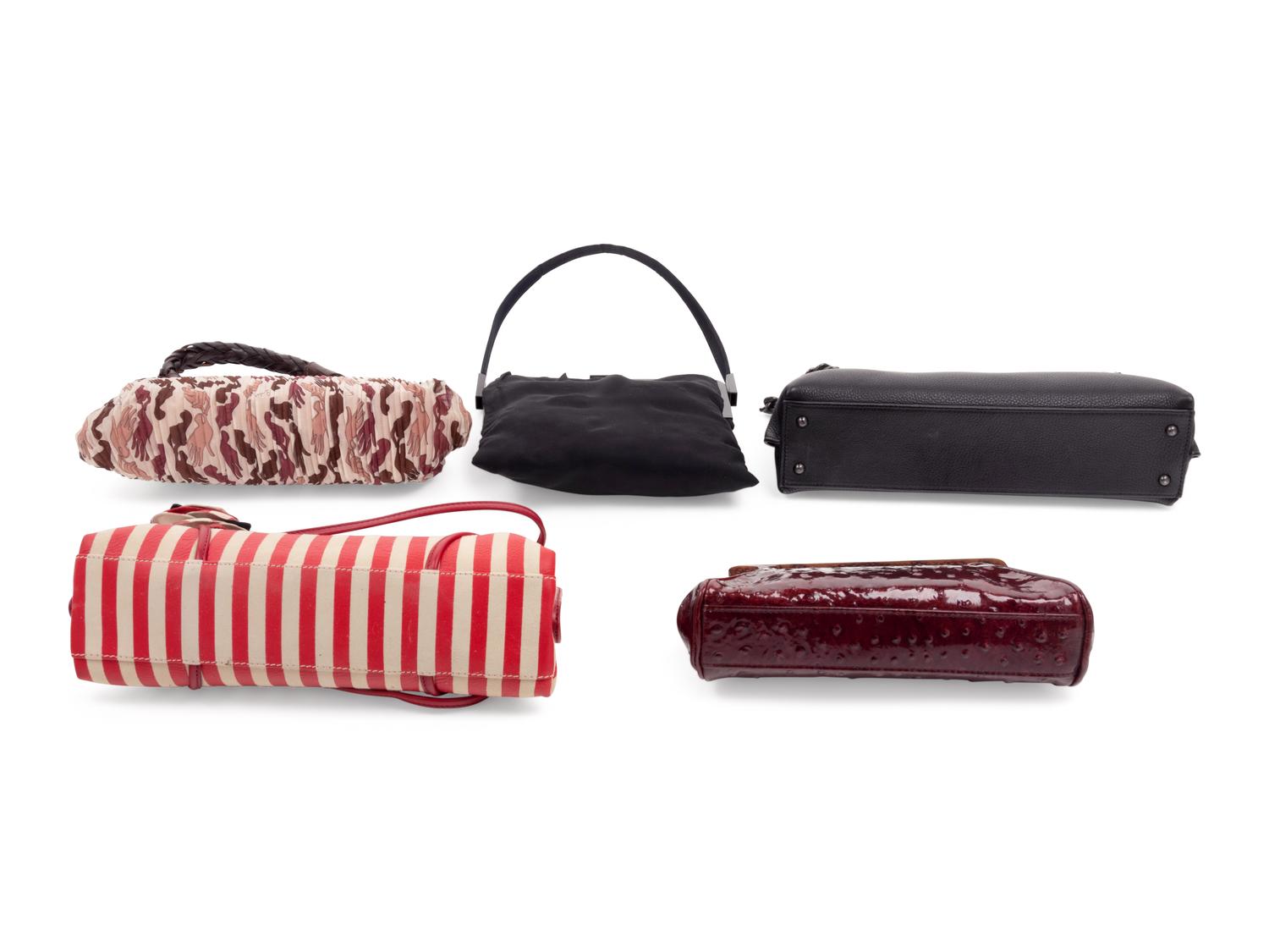 Five Assorted Designer Hand Bags: One Moschino, One Akris, One John Galliano, One Burberry, One Dolce & Gabbana