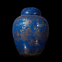 A massive Chinese gilt-decorated powder blue ovoid jar and cover 洒蓝地描金大盖罐 Qing dynasty ?