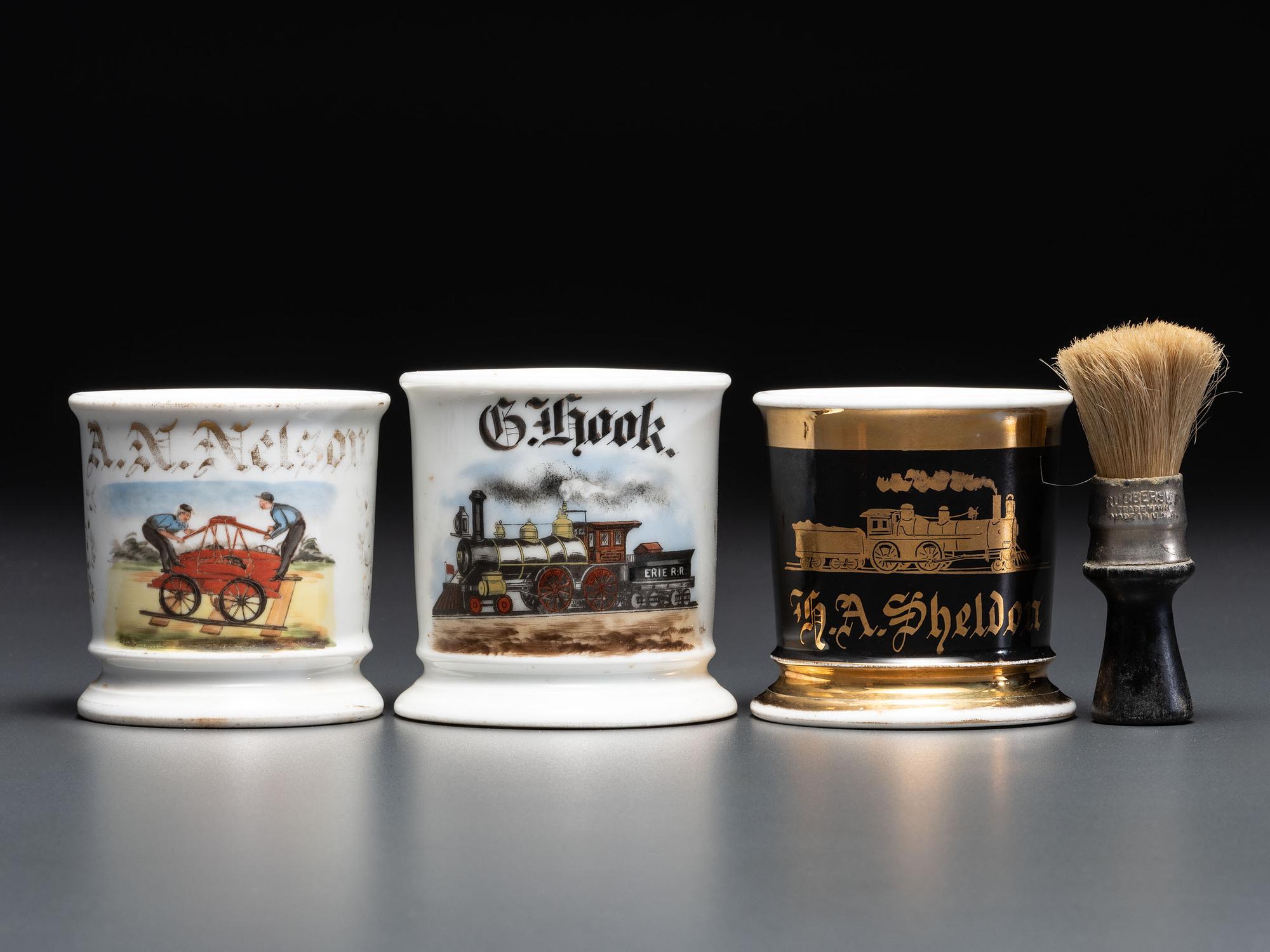 Three Railroad Worker's Porcelain Occupational Shaving Mugs