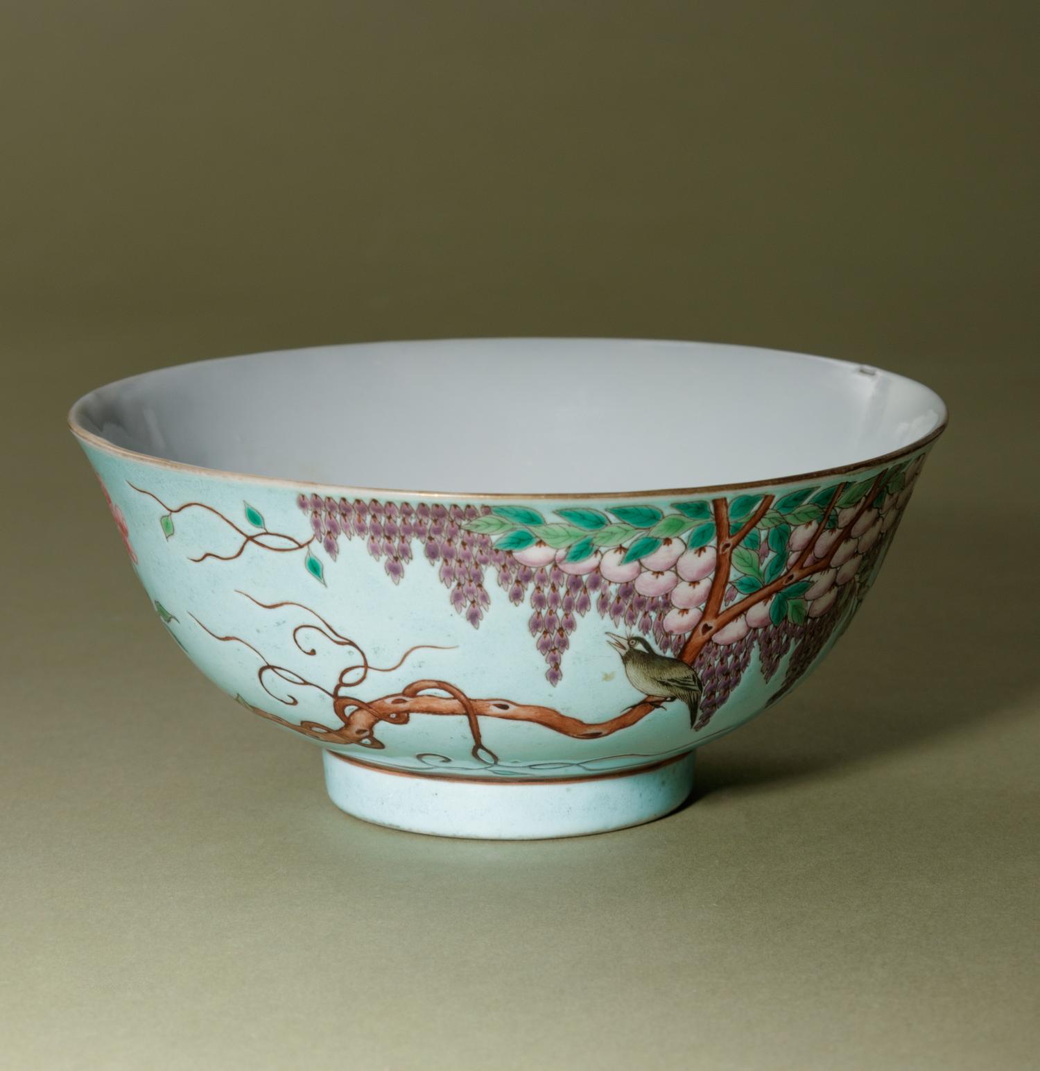 A Pair of Turquoise Glazed Ground Famille Rose Porcelain Bowls