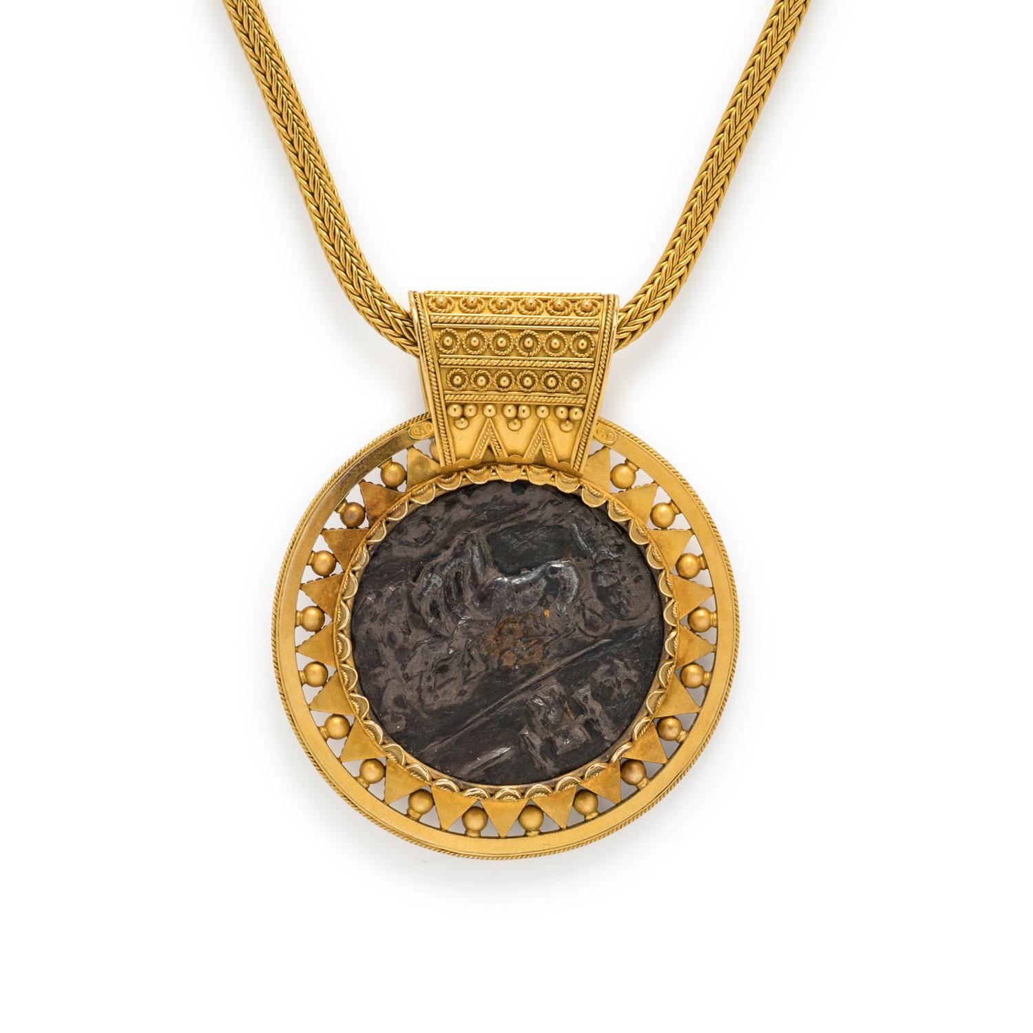 CARLO GIULIANO, ETRUSCAN REVIVAL, BRONZE MEDALLION NECKLACE