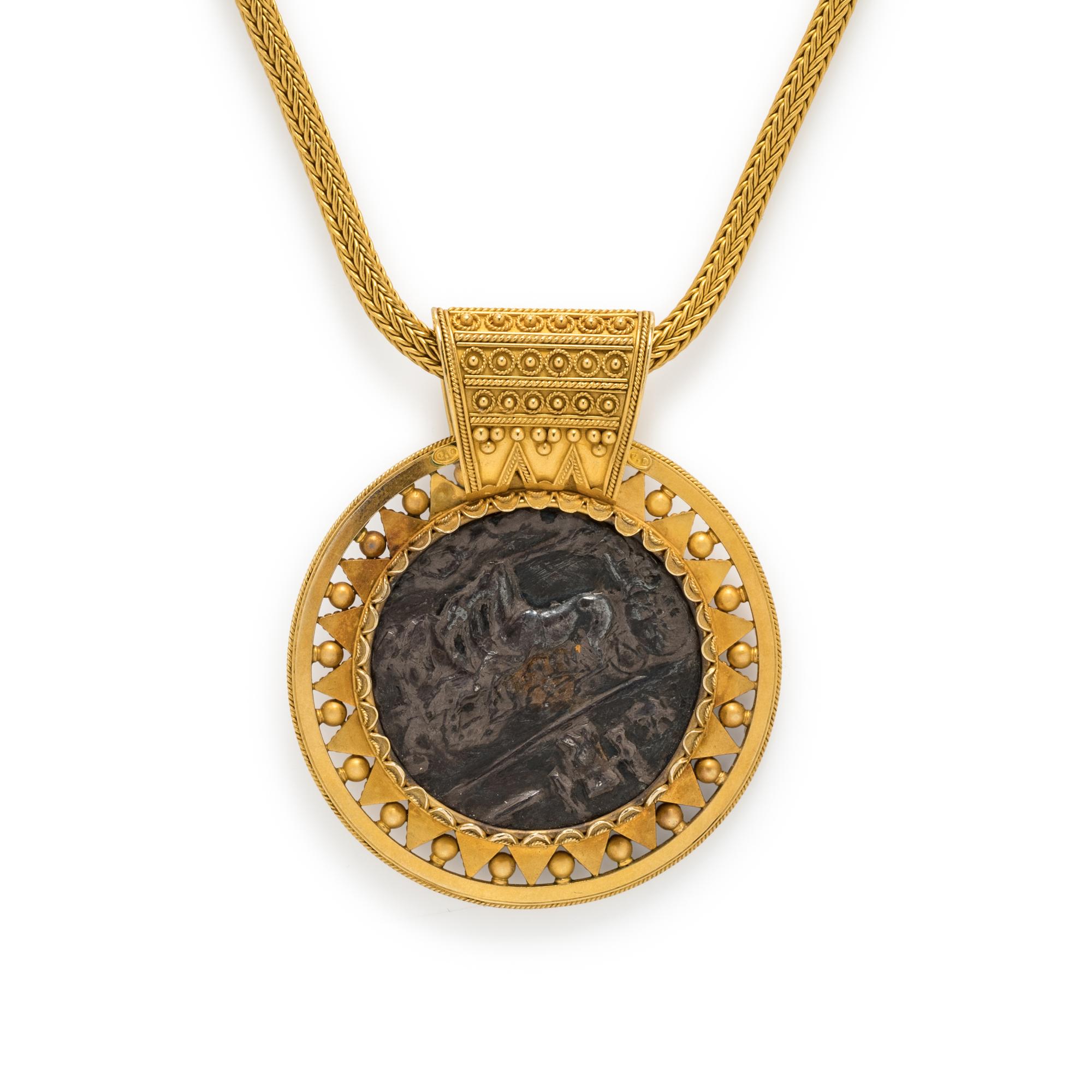 CARLO GIULIANO, ETRUSCAN REVIVAL, BRONZE MEDALLION NECKLACE