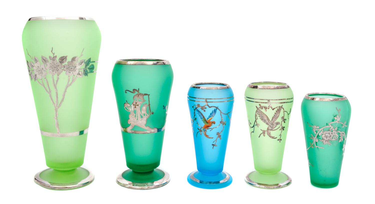 A Group of Five Silver Overlay Satin Glass Vases Height of first 11 inches.