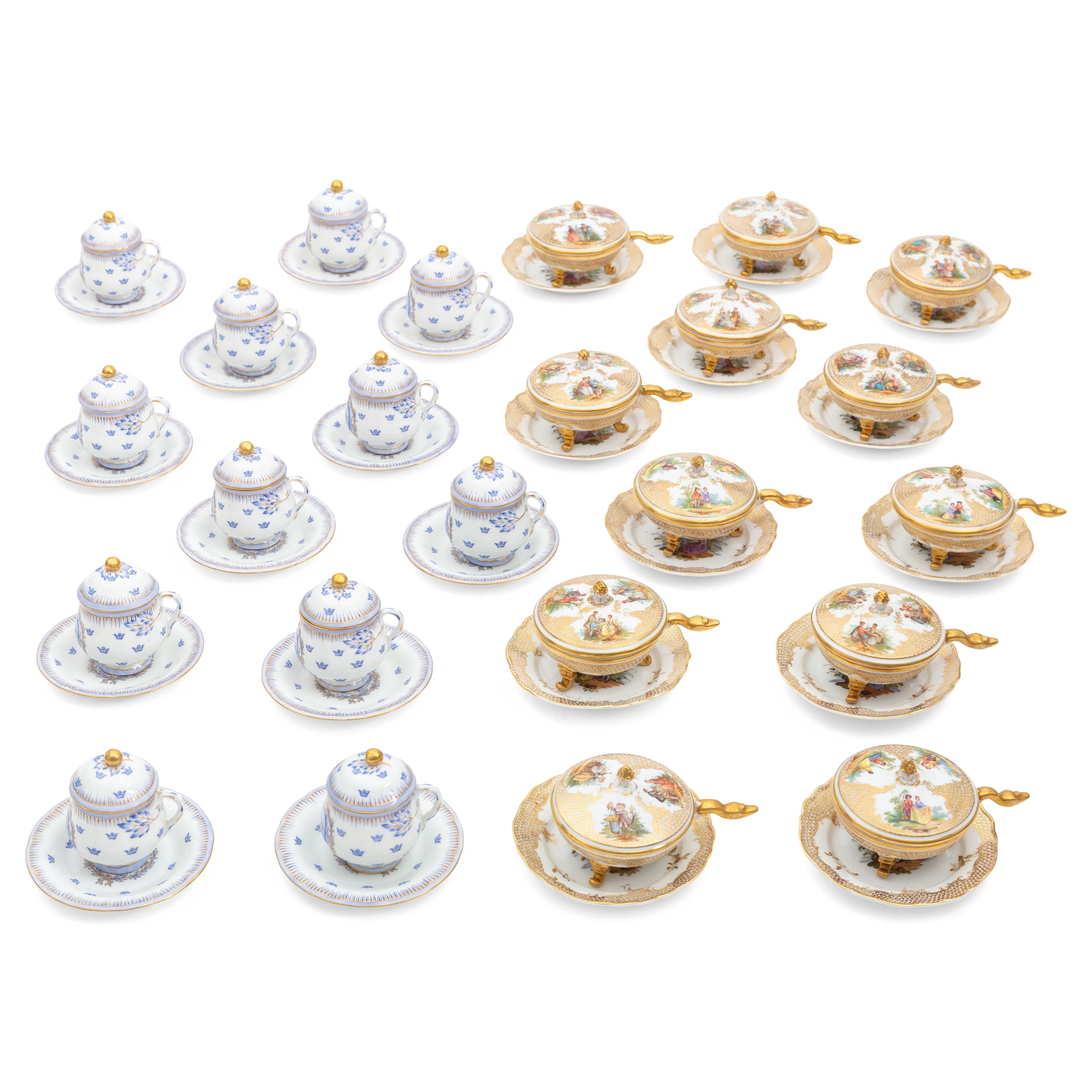 Two Sets of Continental Porcelain Pots-de-Crèmes and Saucers