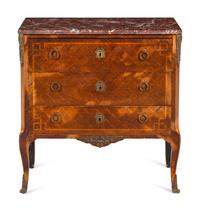 A Louis XV/XVI Transitional Style Gilt Metal Mounted Parquetry Marble Top Commode