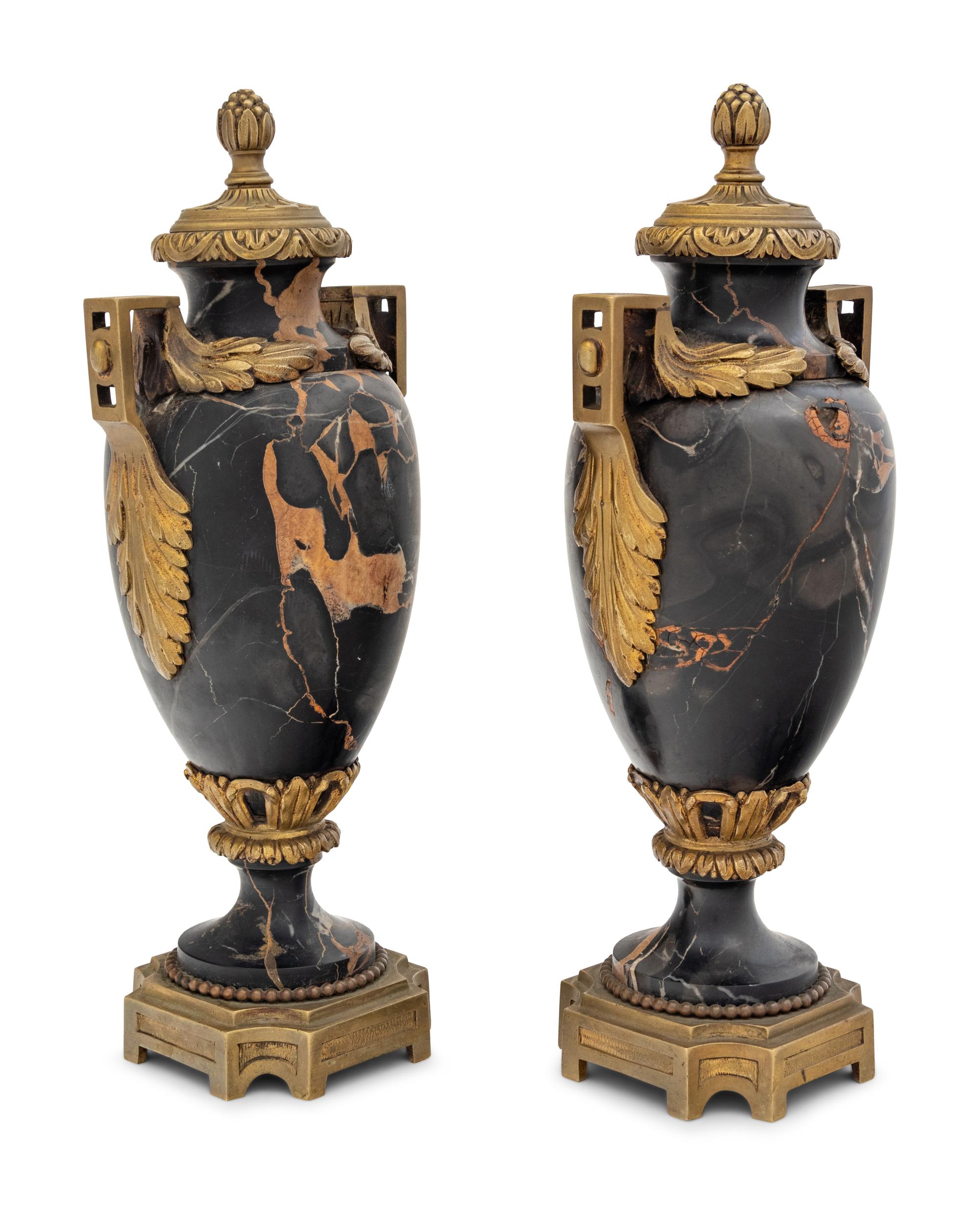 A Pair of Continental Gilt Bronze and Marble Urns