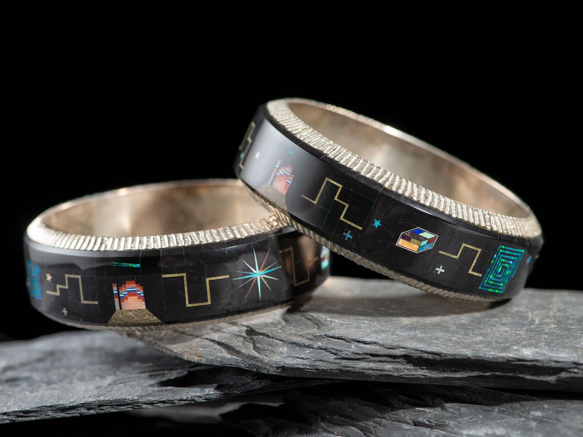 Pair of Matchinf Sterling Silver Bangle Bracelets, with Cosmic Inlay