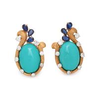 SYNTHETIC TURQUOISE, DIAMOND AND SAPPHIRE EARCLIPS