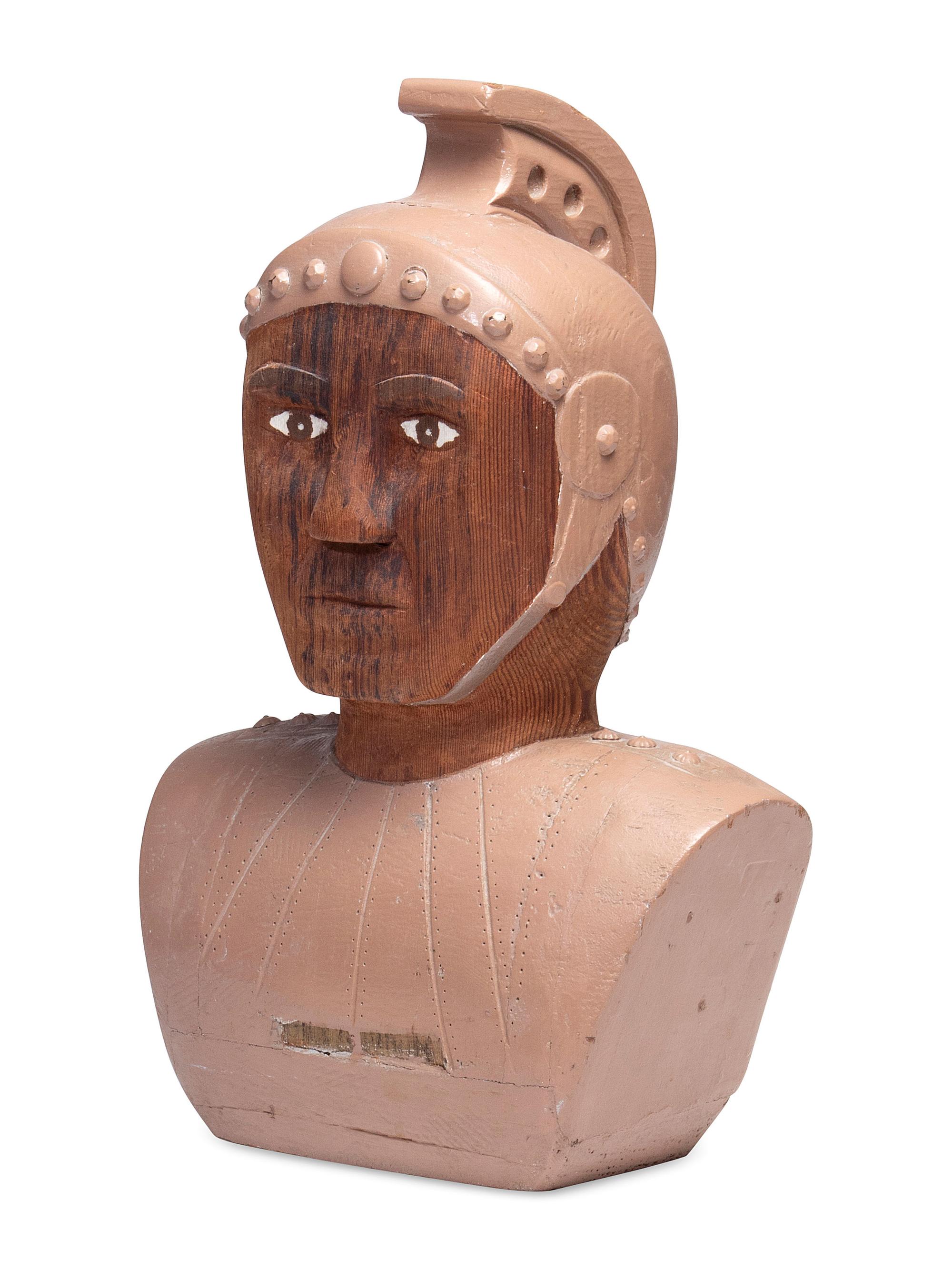 A Folk Carved and Painted Pine Roman Centurion Bust