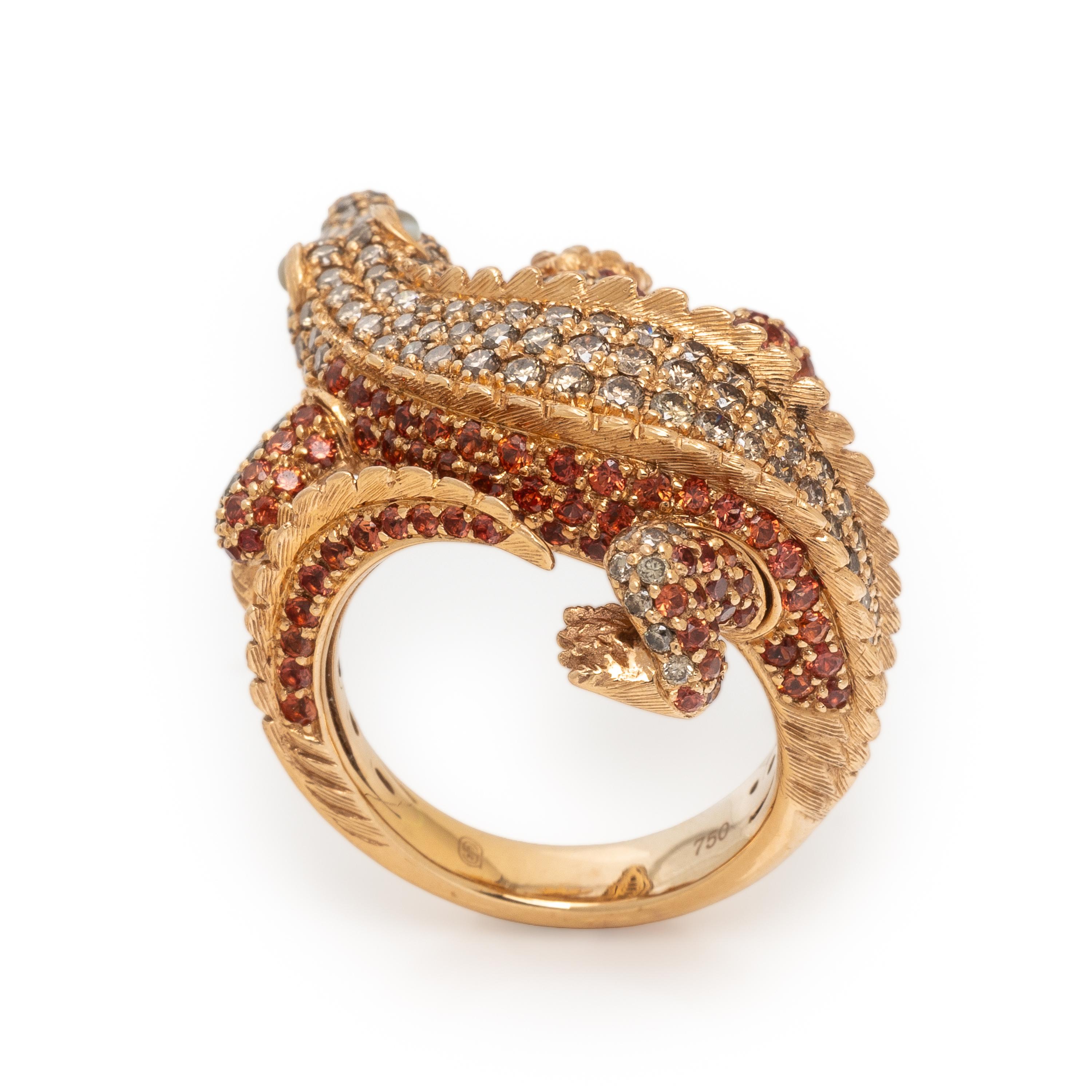 Colored Diamond, Multigem, and Rose Gold Alligator Ring