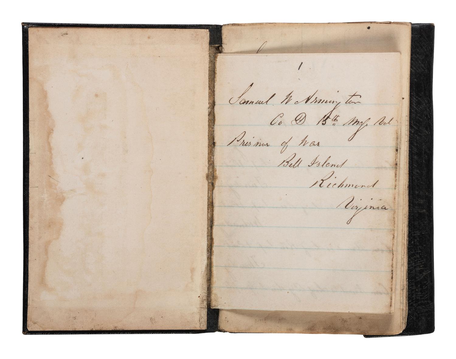 [CIVIL WAR]. Civil War diary identified to Samuel W. Armington, Co. D, 15th Massachusetts Volunteers, POW Bell Island, Richmond, VA.