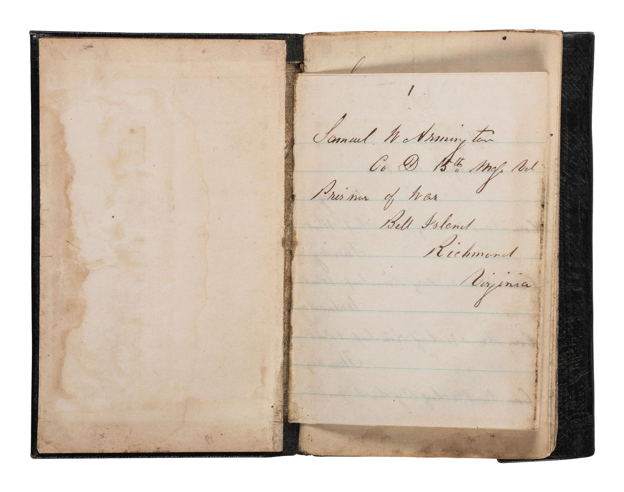 [CIVIL WAR]. Civil War diary identified to Samuel W. Armington, Co. D, 15th Massachusetts Volunteers, POW Bell Island, Richmond, VA.