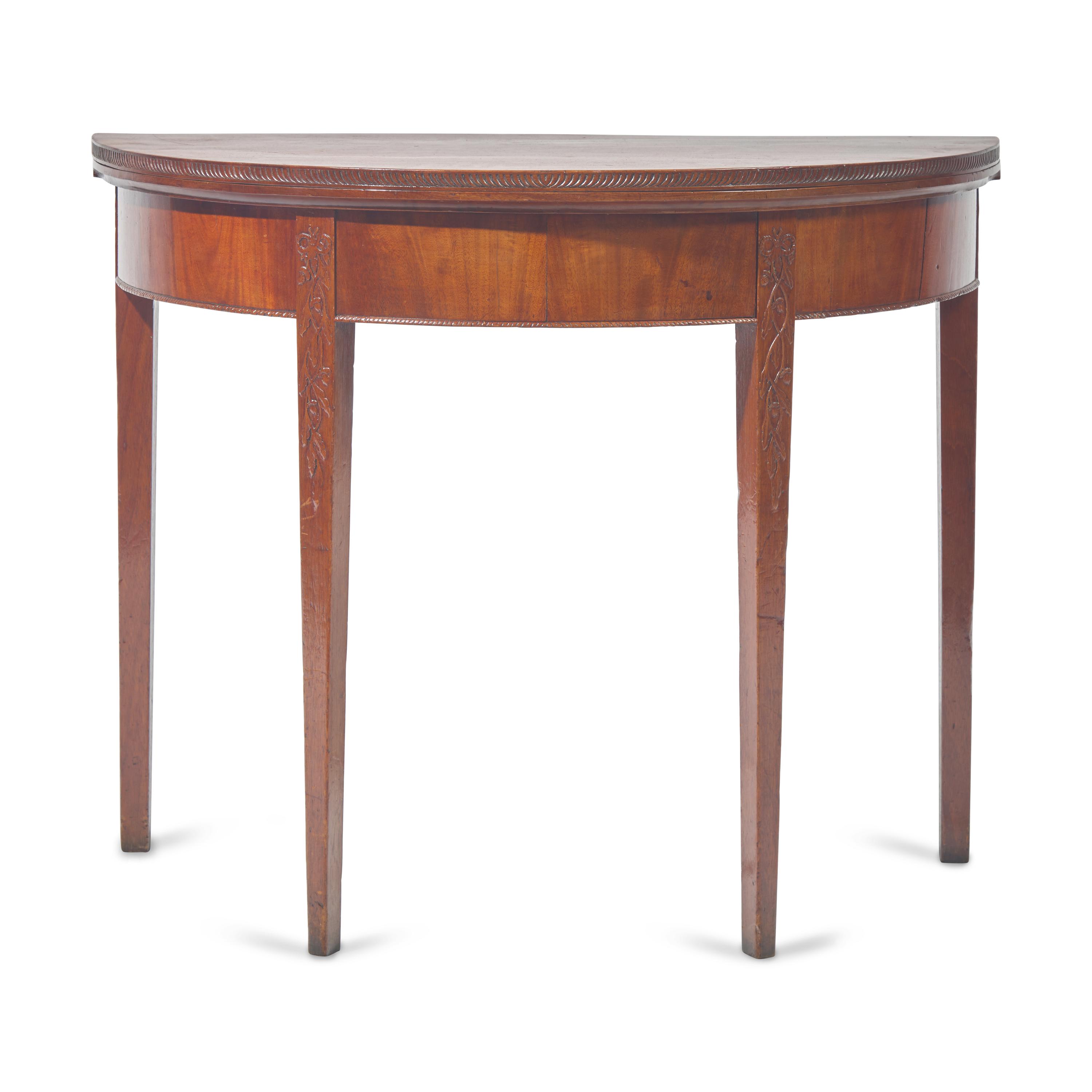 A Federal Carved and Veneered Mahogany Demilune Card Table