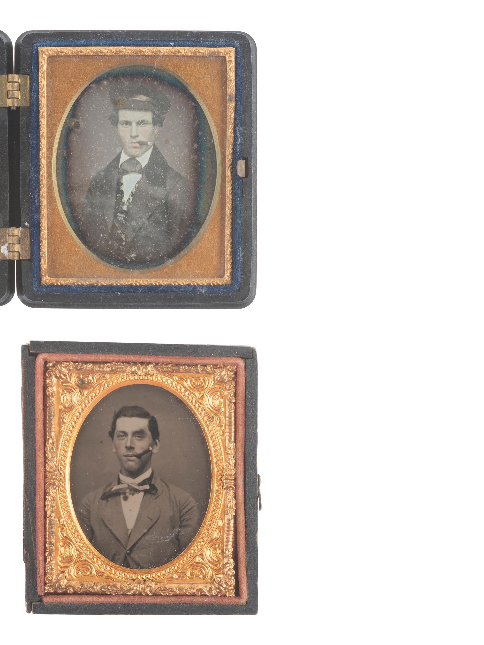 [EARLY PHOTOGRAPHY]. 3 cased images featuring subjects with cigars, including Civil War recruits.