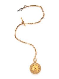 18K YELLOW GOLD OPEN FACE POCKET WATCH AND FOB CHAIN