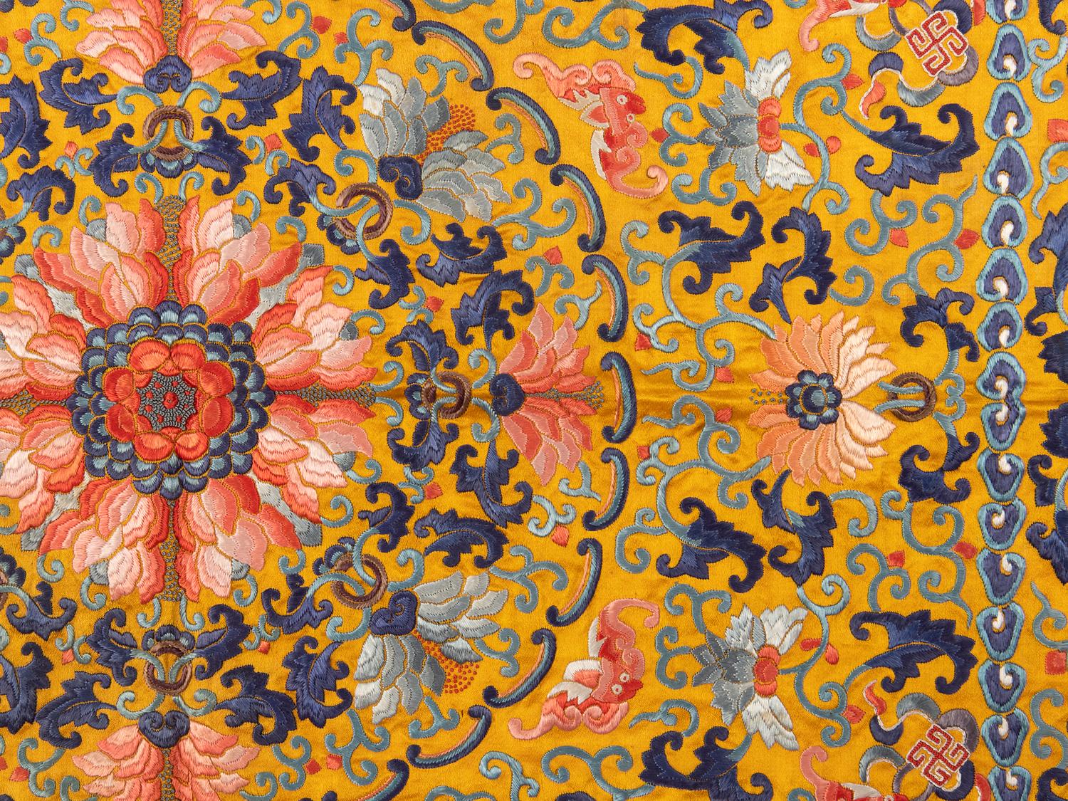 Two Yellow Ground Embroidered Silk Kang Cushion Covers
