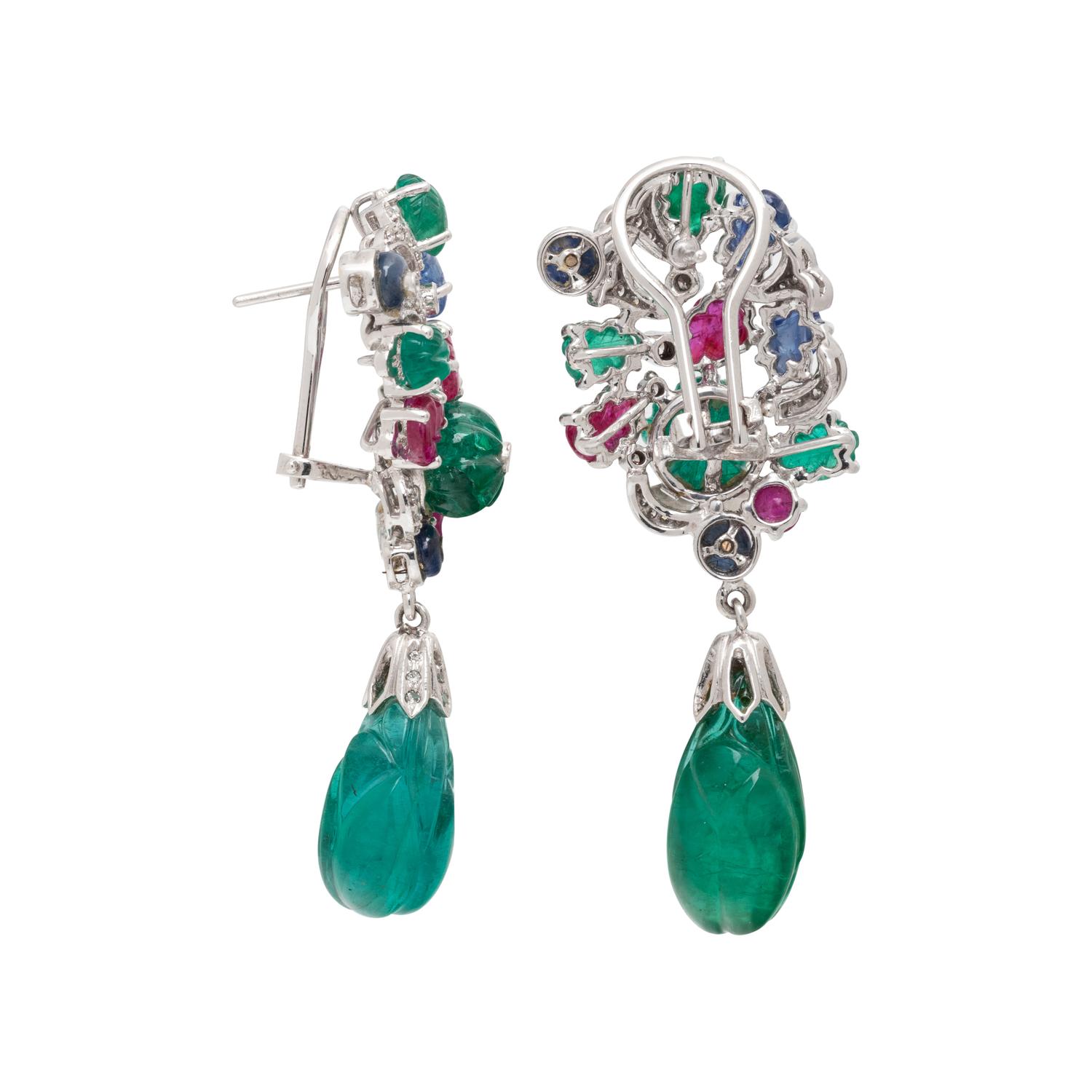 CARVED MULTIGEM AND DIAMOND EARCLIPS