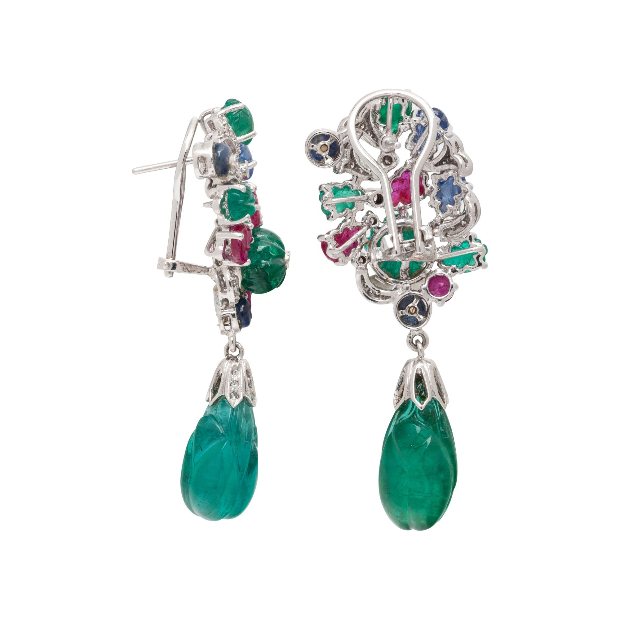 CARVED MULTIGEM AND DIAMOND EARCLIPS