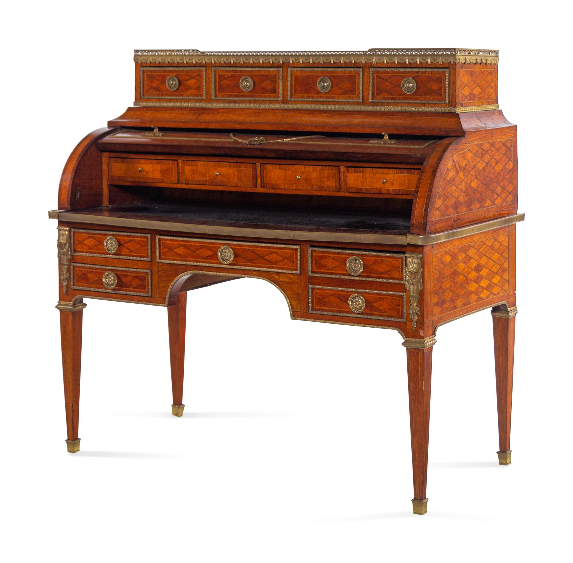 A Louis XVI Style Gilt Bronze Mounted Parquetry Bureau à Cylindre