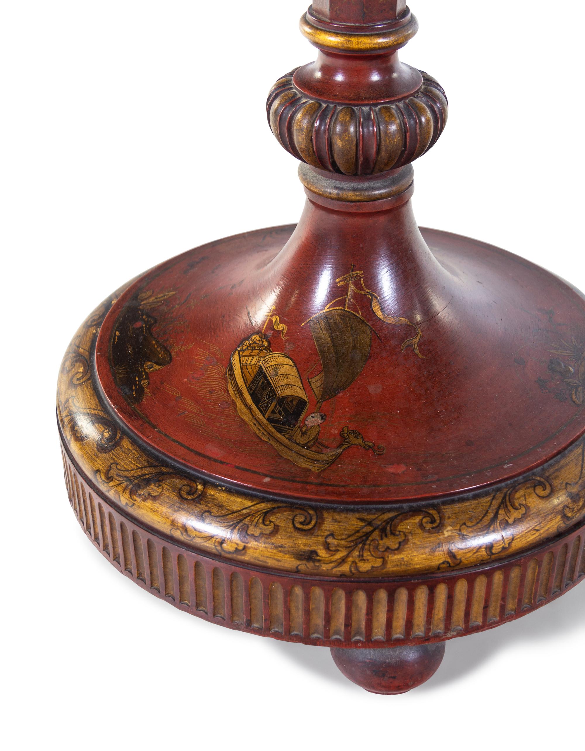 A Pair of English Lacquered and Chinoiserie Decorated Torchères