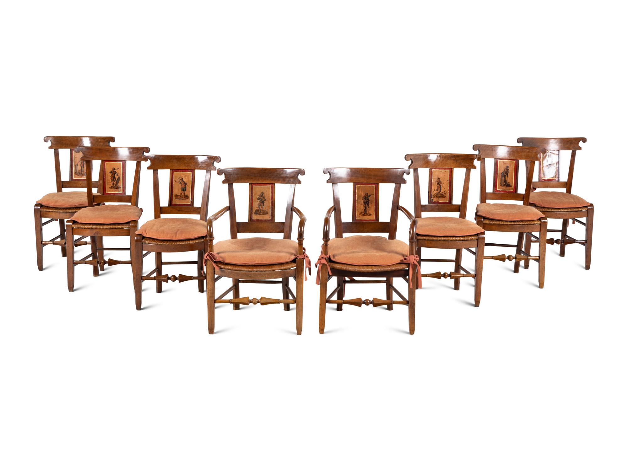 A Set of Eight Louis Philippe Carved and Painted Fruitwood Dining Chairs